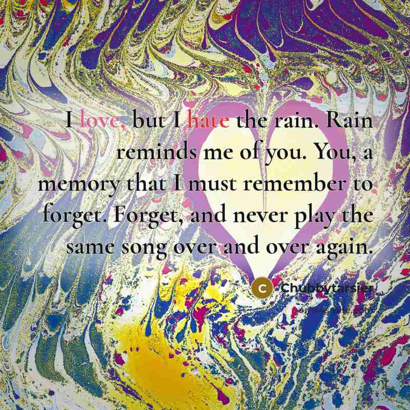 “I love, but I hate the rain. Rain reminds me of you. You, a memory that I must remember to forget. Forget, and never play the same song over and over again.” quote by Chubbytarsier
