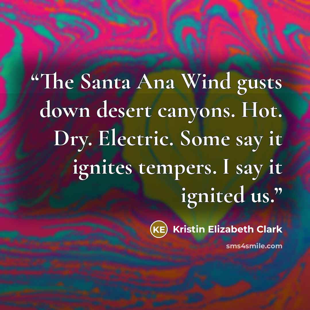 “The Santa Ana Wind gusts down desert canyons. Hot. Dry. Electric. Some say it ignites tempers. I say it ignited us.” quote by Kristin Elizabeth Clark