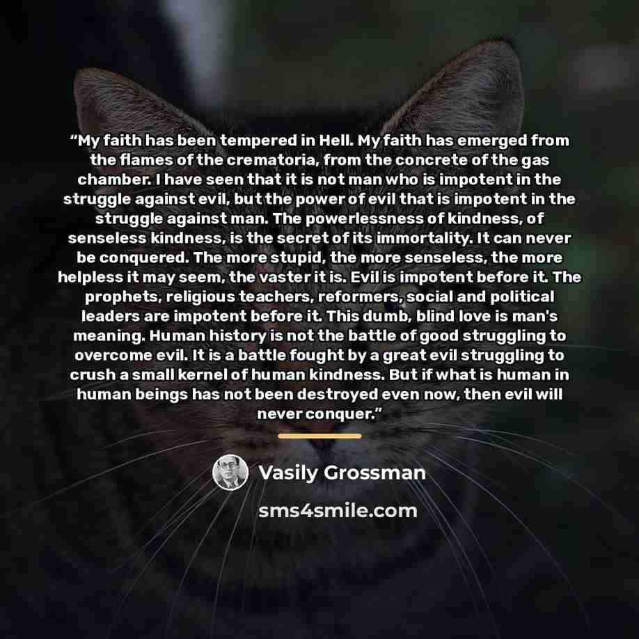 “My faith has been tempered in Hell. My faith has emerged from the flames of the crematoria, from the concrete of the gas chamber. I have seen that it is not man who is impotent in the struggle against evil, but the power of evil that is impotent in the struggle against man. The powerlessness of…” quote by Vasily Grossman