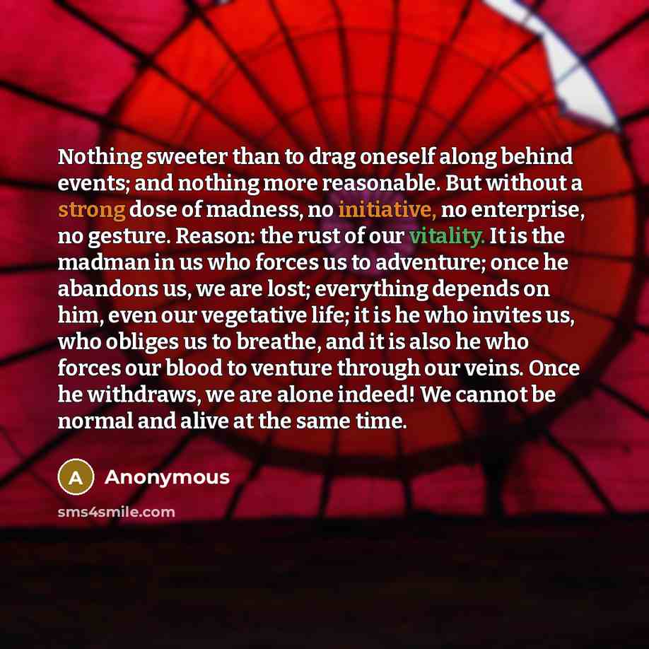 “Nothing sweeter than to drag oneself along behind events; and nothing more reasonable. But without a strong dose of madness, no initiative, no enterprise, no gesture. Reason: the rust of our vitality. It is the madman in us who forces us to adventure; once he abandons us, we are lost; everything…” quote by Anonymous