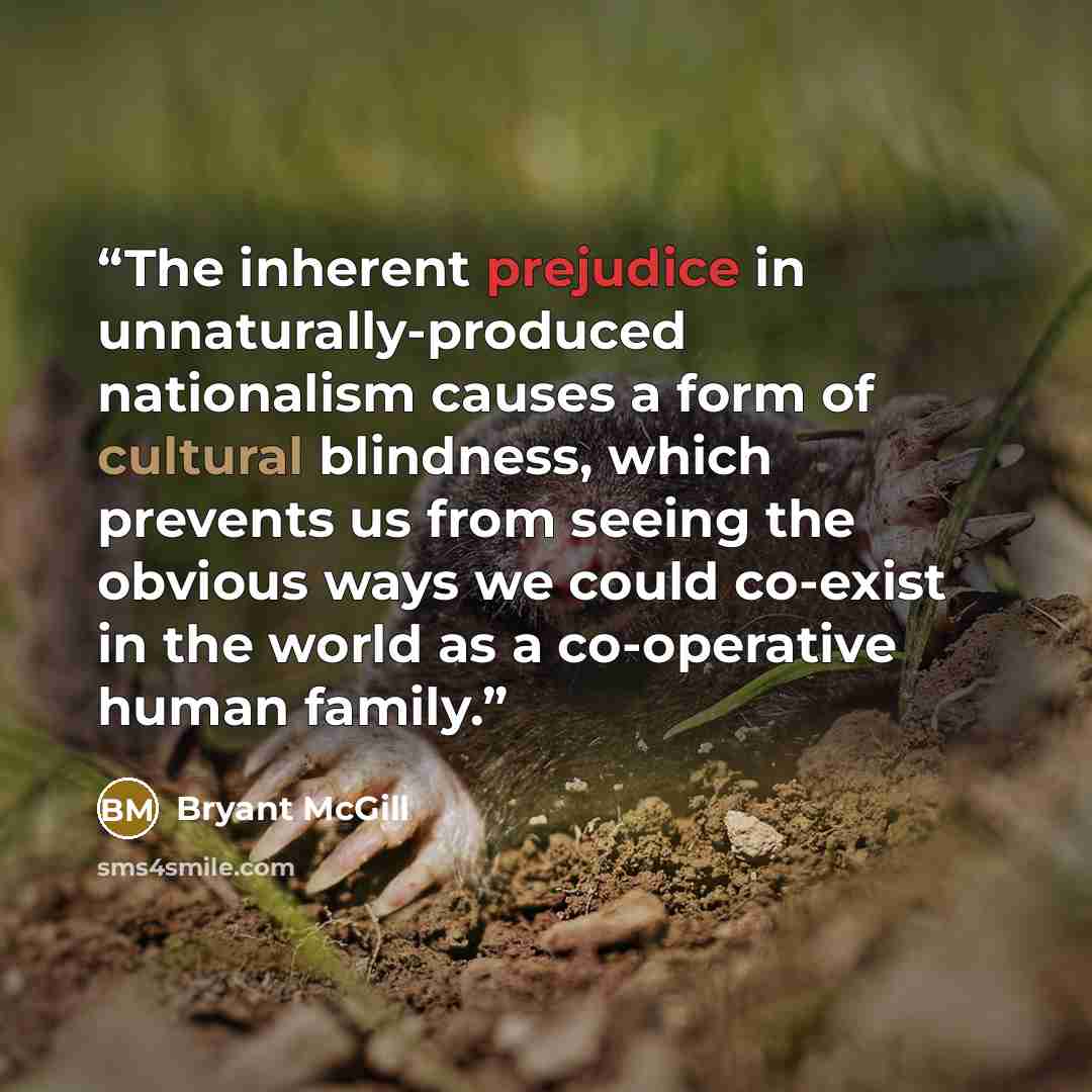 “The inherent prejudice in unnaturally-produced nationalism causes a form of cultural blindness, which prevents us from seeing the obvious ways we could co-exist in the world as a co-operative human family.” quote by Bryant McGill