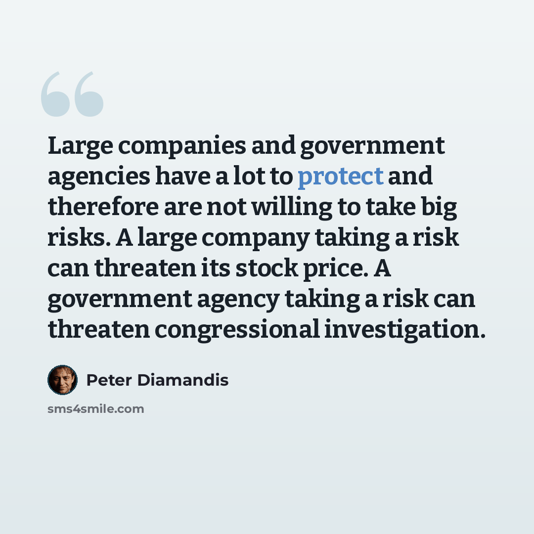 “Large companies and government agencies have a lot to protect and therefore are not willing to take big risks. A large company taking a risk can threaten its stock price. A government agency taking a risk can threaten congressional investigation.” quote by Peter Diamandis