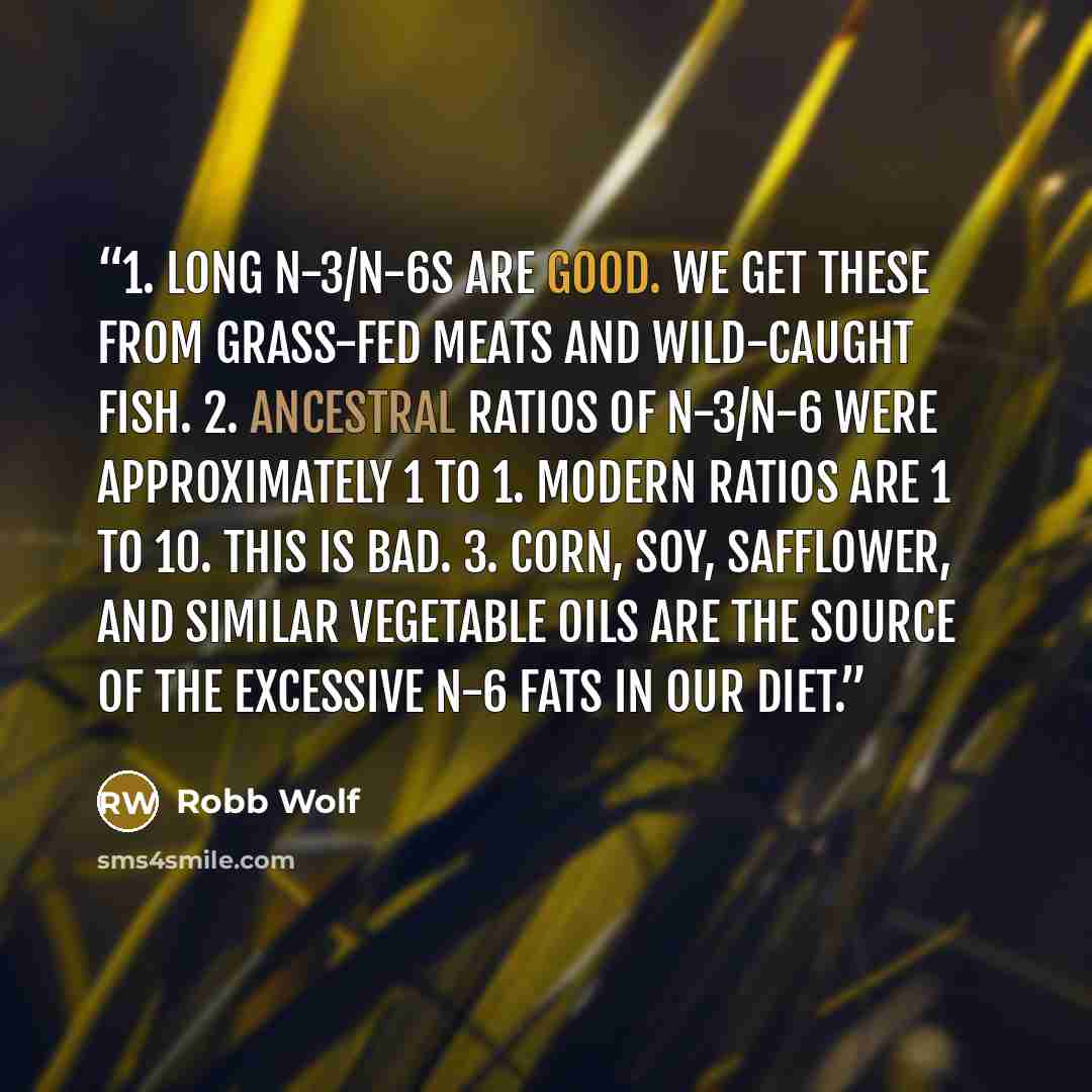 “1. Long n-3/n-6s are good. We get these from grass-fed meats and wild-caught fish. 2. Ancestral ratios of n-3/n-6 were approximately 1 to 1. Modern ratios are 1 to 10. This is bad. 3. Corn, soy, safflower, and similar vegetable oils are the source of the excessive n-6 fats in our diet.” quote by Robb Wolf
