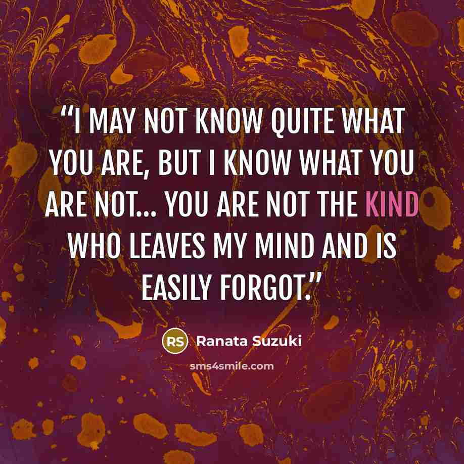 “I may not know quite what you are, but I know what you are not… You are not the kind who leaves my mind and is easily forgot.” quote by Ranata Suzuki