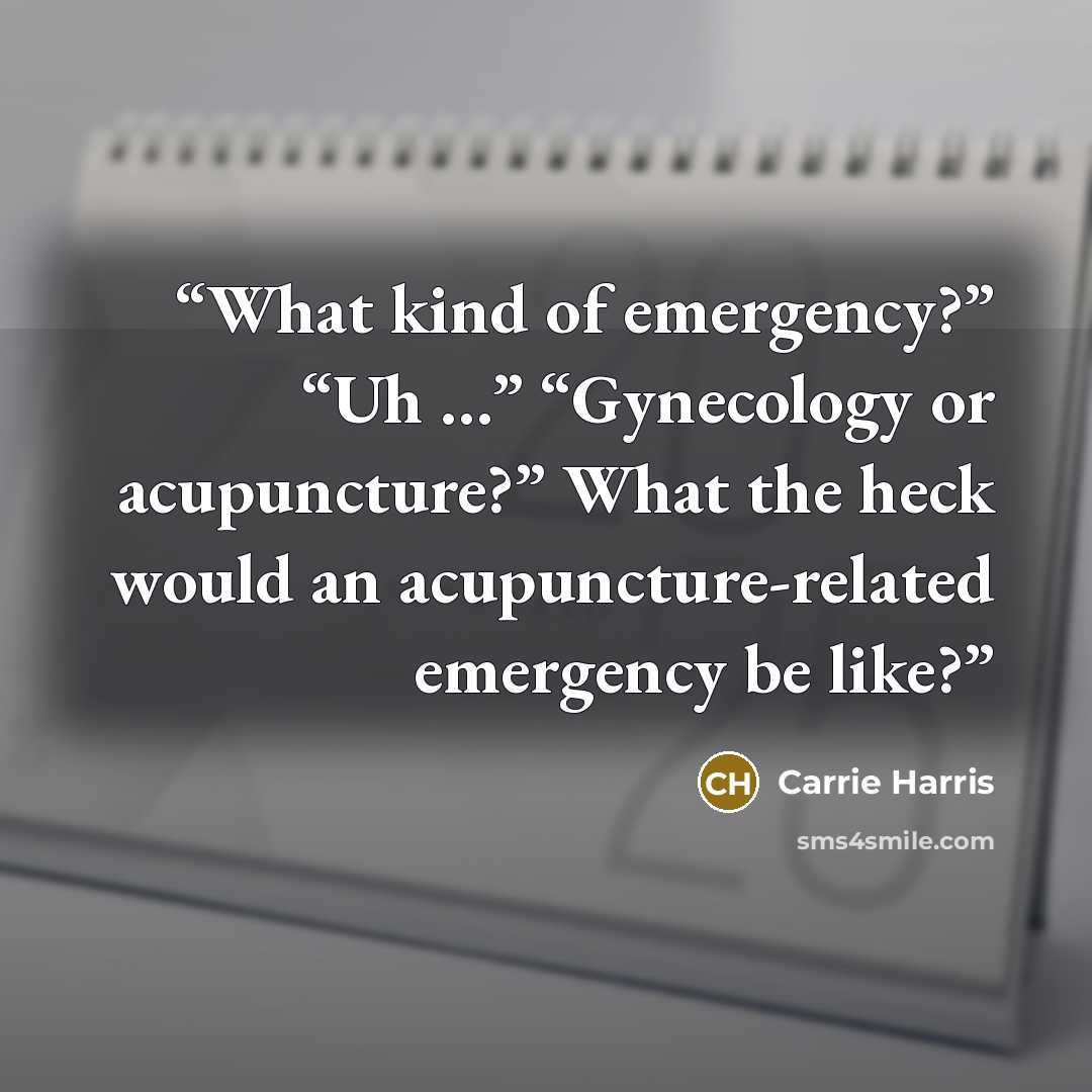 “What kind of emergency?” “Uh …” “Gynecology or acupuncture?” What the heck would an acupuncture-related emergency be like?” quote by Carrie Harris