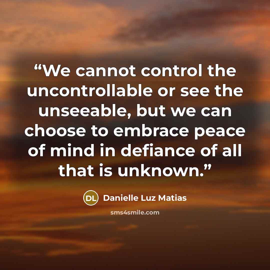 “We cannot control the uncontrollable or see the unseeable, but we can choose to embrace peace of mind in defiance of all that is unknown.” quote by Danielle Luz Matias