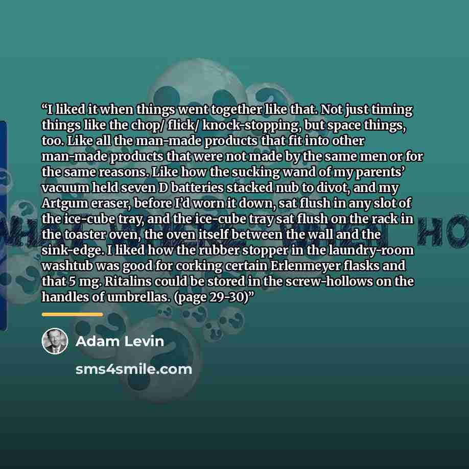 “I liked it when things went together like that. Not just timing things like the chop/ flick/ knock-stopping, but space things, too. Like all the man-made products that fit into other man-made products that were not made by the same men or for the same reasons. Like how the sucking wand of my…” quote by Adam Levin