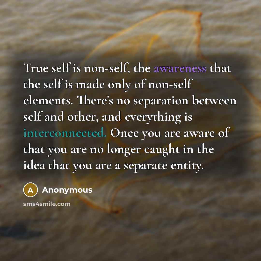 “True self is non-self, the awareness that the self is made only of non-self elements. There's no separation between self and other, and everything is interconnected. Once you are aware of that you are no longer caught in the idea that you are a separate entity.” quote by Anonymous