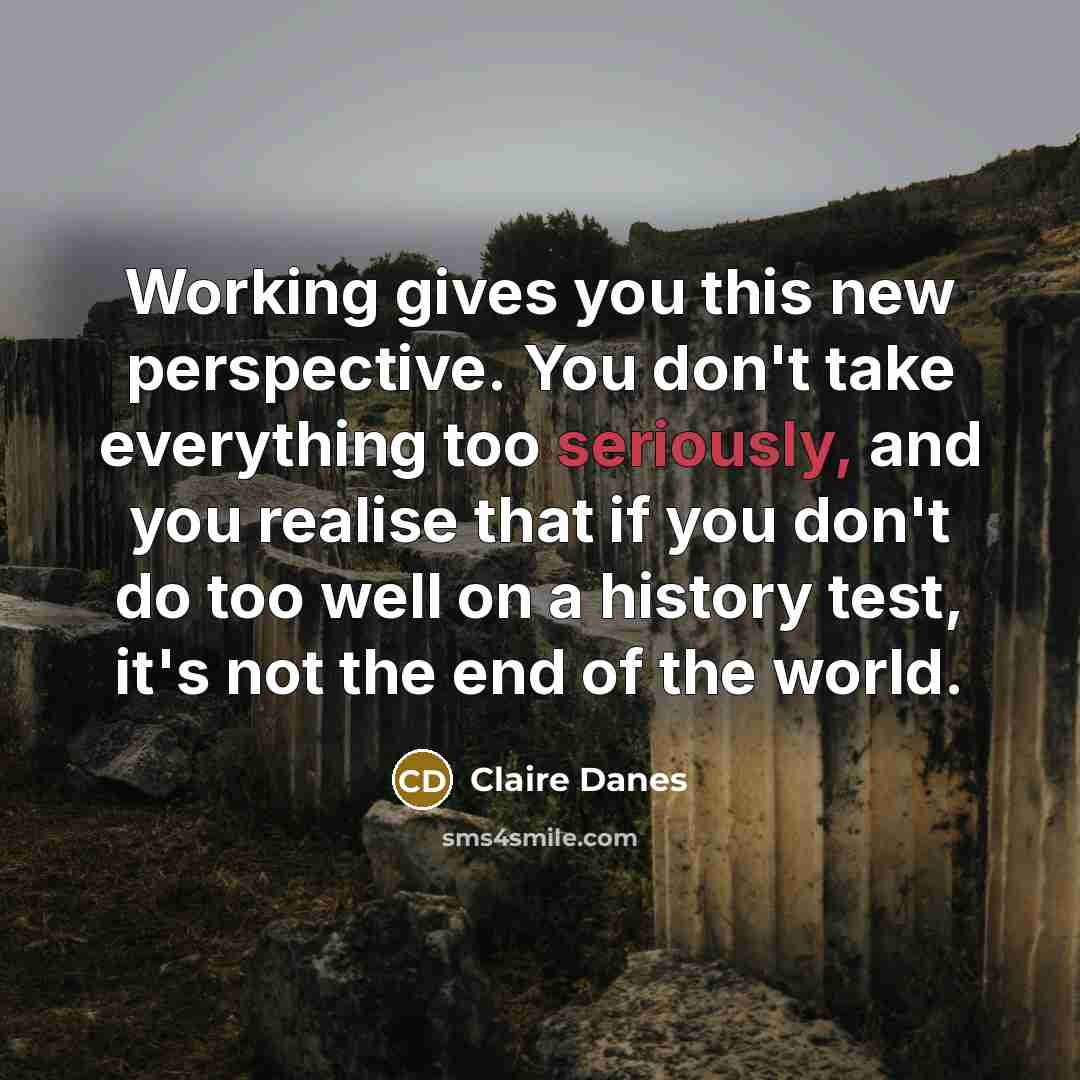 “Working gives you this new perspective. You don't take everything too seriously, and you realise that if you don't do too well on a history test, it's not the end of the world.” quote by Claire Danes