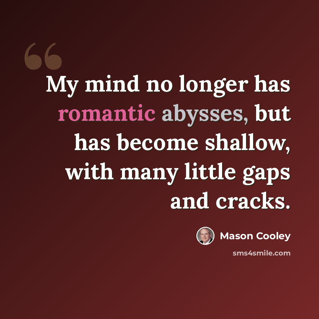“My mind no longer has romantic abysses, but has become shallow, with many little gaps and cracks.” quote by Mason Cooley