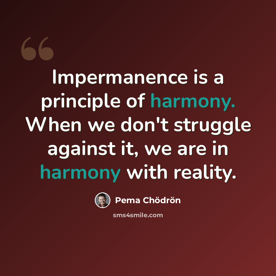 “Impermanence is a principle of harmony. When we don't struggle against it, we are in harmony with reality.” quote by Pema Chodron