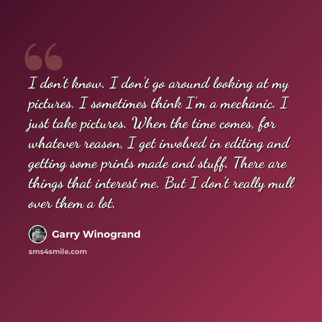 “I don't know. I don't go around looking at my pictures. I sometimes think I'm a mechanic. I just take pictures. When the time comes, for whatever reason, I get involved in editing and getting some prints made and stuff. There are things that interest me. But I don't really mull over them a lot.” quote by Garry Winogrand