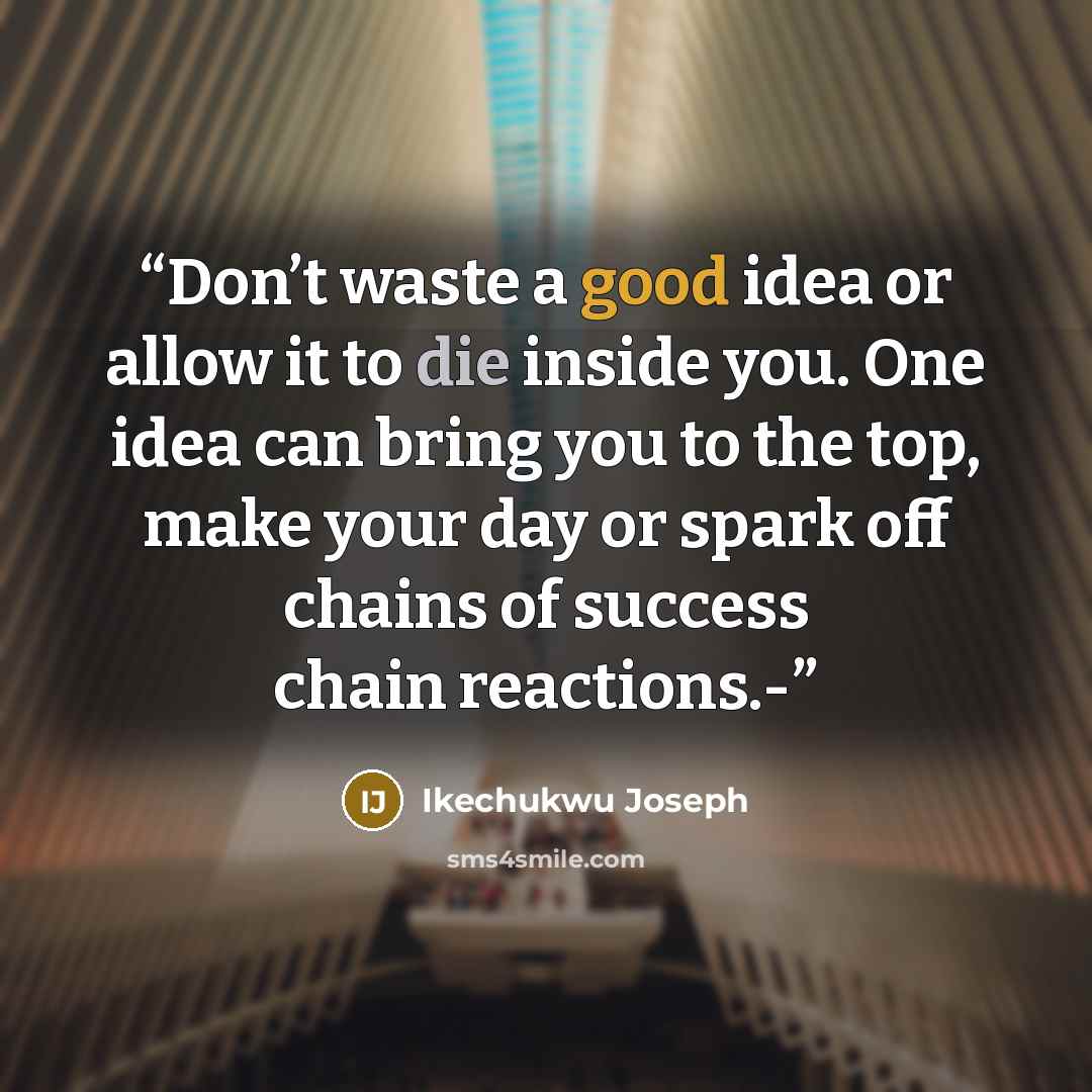 “Don’t waste a good idea or allow it to die inside you. One idea can bring you to the top, make your day or spark off chains of success chain reactions.-” quote by Ikechukwu Joseph