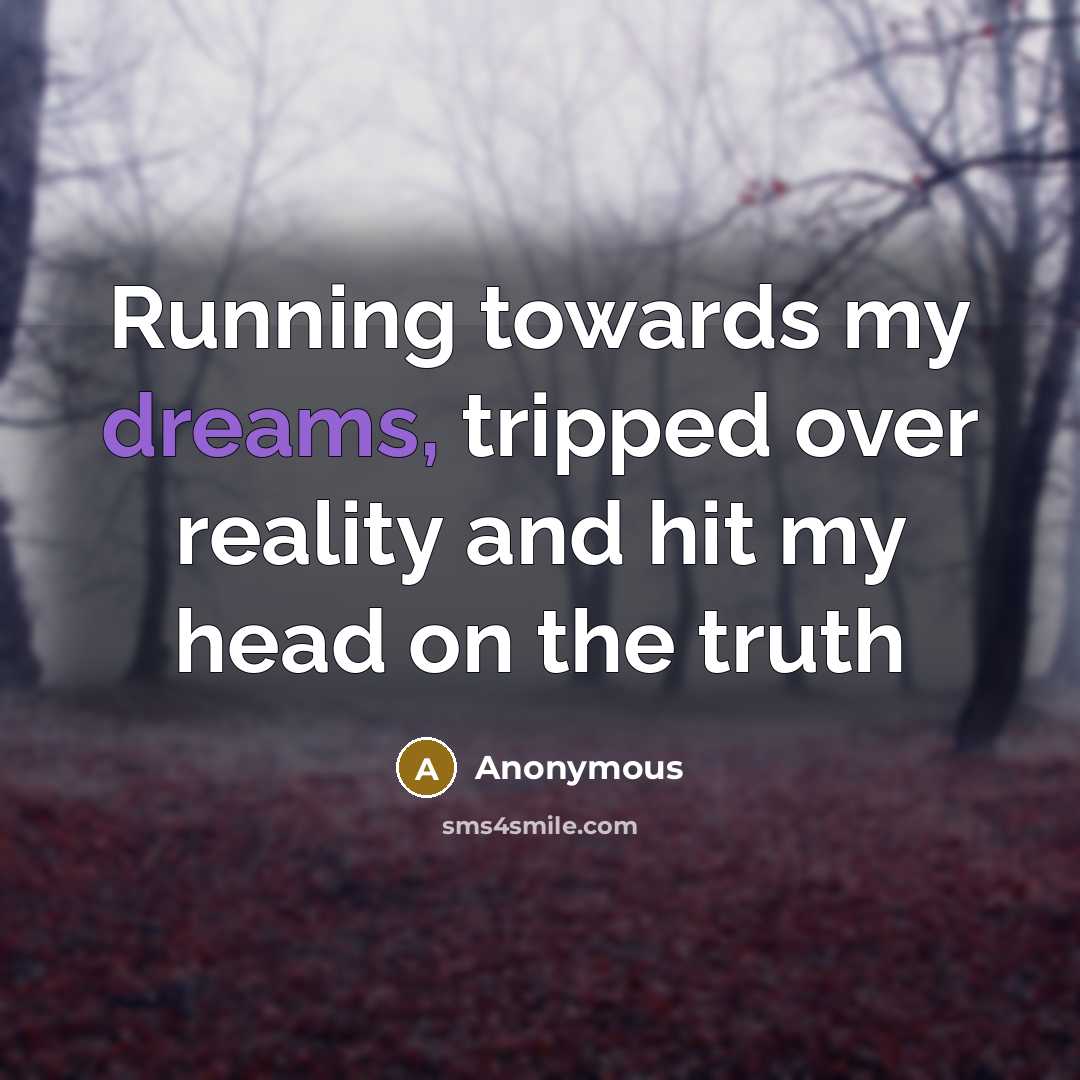 “Running towards my dreams, tripped over reality and hit my head on the truth” quote by Anonymous