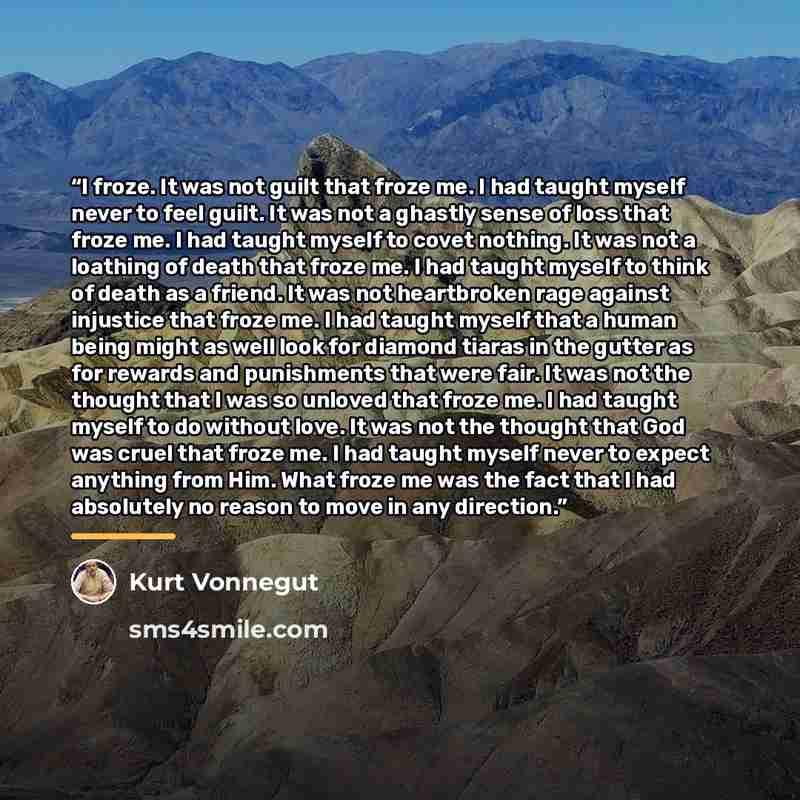 “I froze. It was not guilt that froze me. I had taught myself never to feel guilt. It was not a ghastly sense of loss that froze me. I had taught myself to covet nothing. It was not a loathing of death that froze me. I had taught myself to think of death as a friend. It was not heartbroken rage…” quote by Kurt Vonnegut