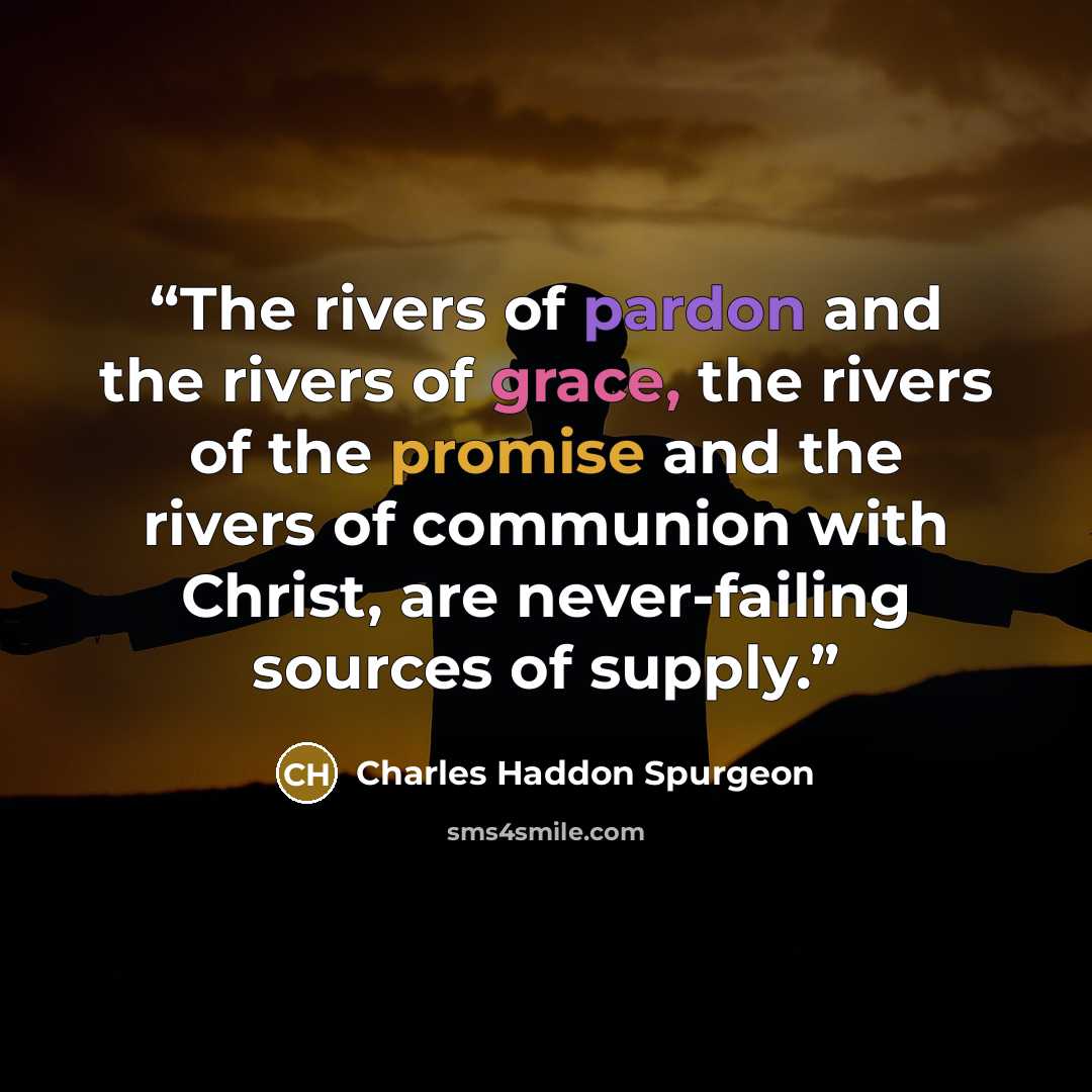 “The rivers of pardon and the rivers of grace, the rivers of the promise and the rivers of communion with Christ, are never-failing sources of supply.” quote by Charles Haddon Spurgeon