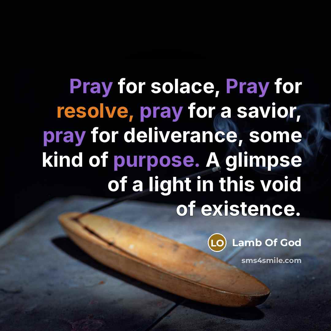 “Pray for solace, Pray for resolve, pray for a savior, pray for deliverance, some kind of purpose. A glimpse of a light in this void of existence.” quote by Lamb Of God
