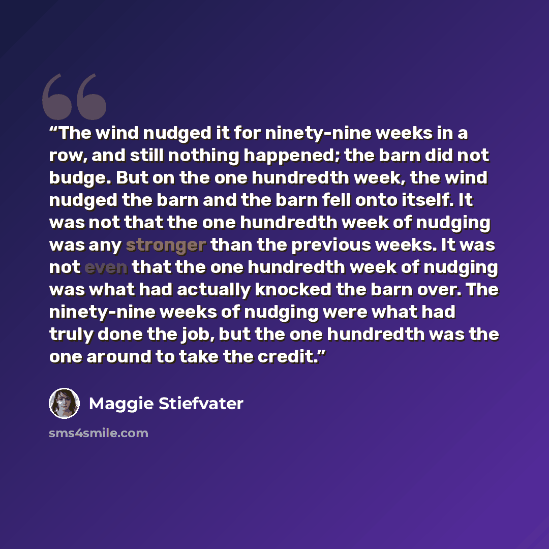 “The wind nudged it for ninety-nine weeks in a row, and still nothing happened; the barn did not budge. But on the one hundredth week, the wind nudged the barn and the barn fell onto itself. It was not that the one hundredth week of nudging was any stronger than the previous weeks. It was not even…” quote by Maggie Stiefvater