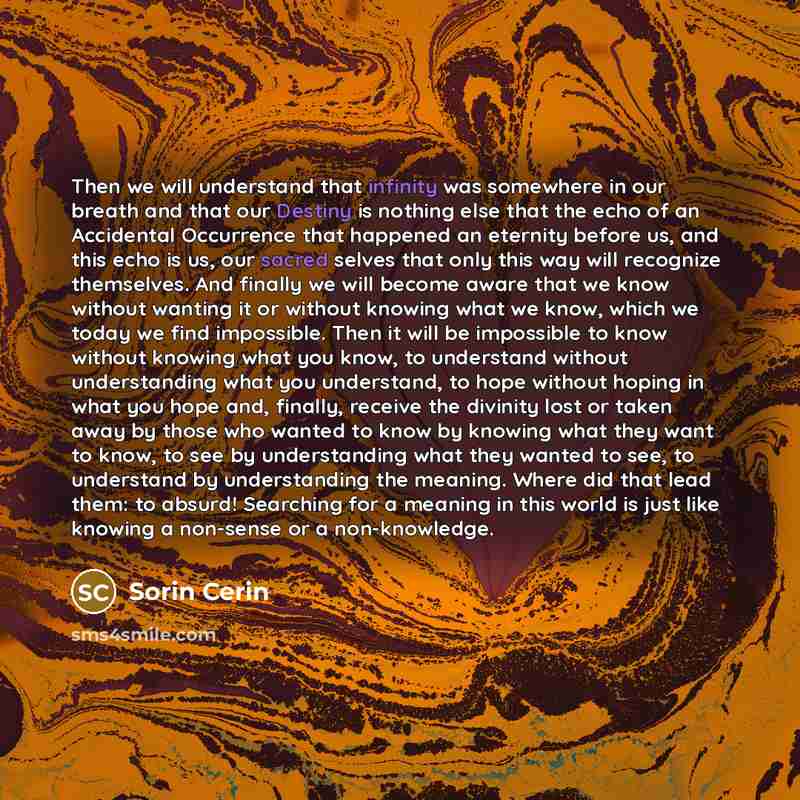 “Then we will understand that infinity was somewhere in our breath and that our Destiny is nothing else that the echo of an Accidental Occurrence that happened an eternity before us, and this echo is us, our sacred selves that only this way will recognize themselves. And finally we will become…” quote by Sorin Cerin