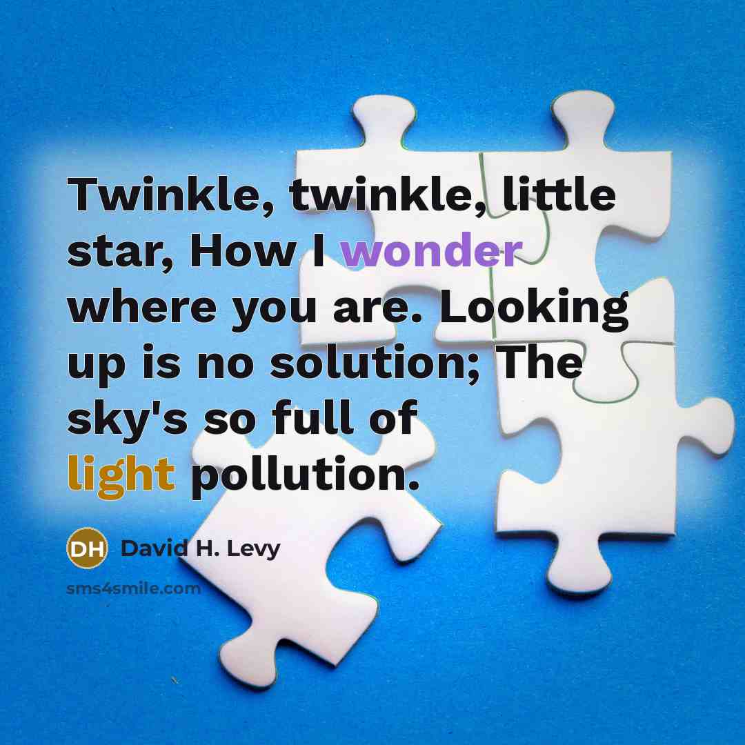 “Twinkle, twinkle, little star, How I wonder where you are. Looking up is no solution; The sky's so full of light pollution.” quote by David H. Levy