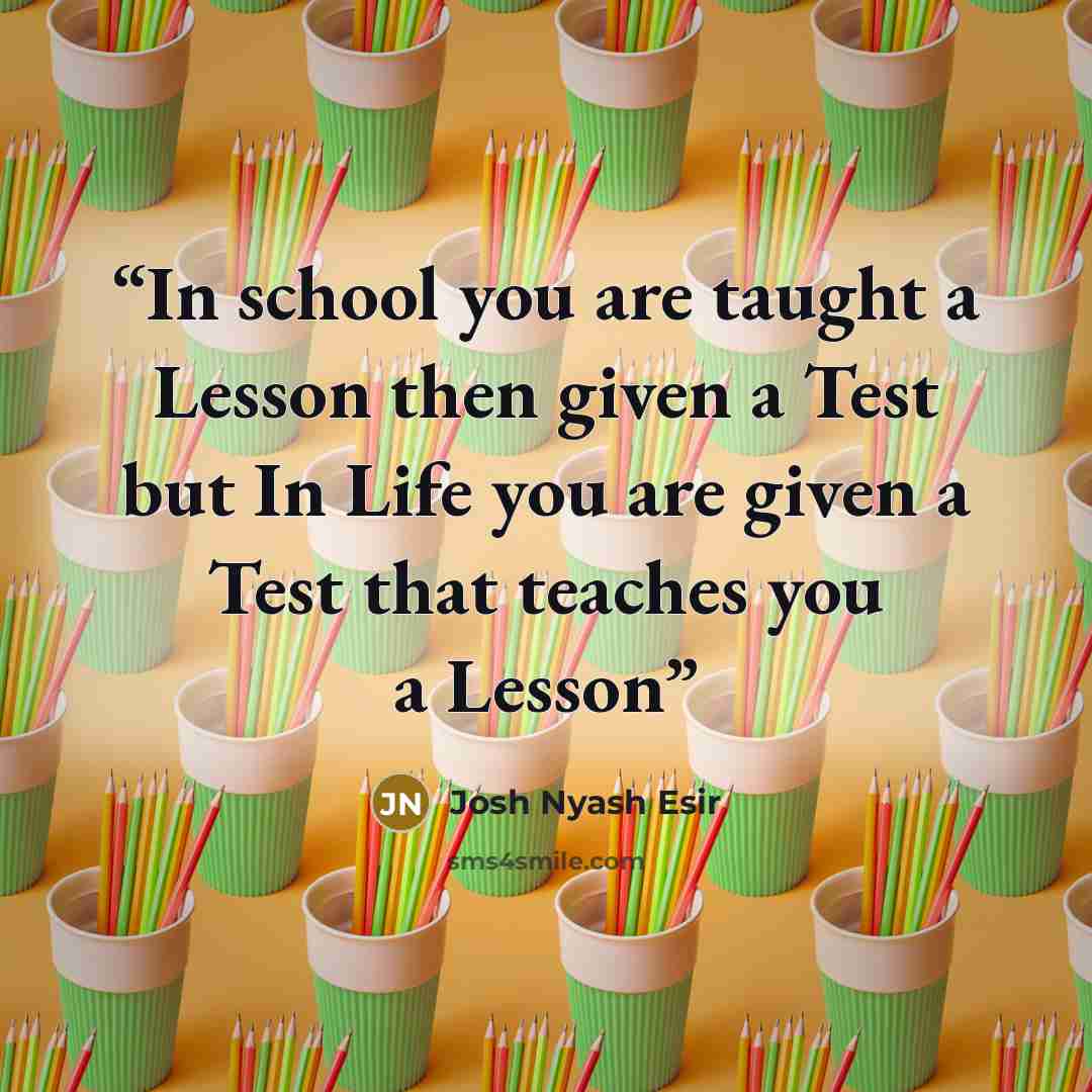 “In school you are taught a Lesson then given a Test but In Life you are given a Test that teaches you a Lesson” quote by Josh Nyash Esir