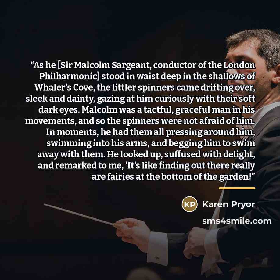 “As he [Sir Malcolm Sargeant, conductor of the London Philharmonic] stood in waist deep in the shallows of Whaler's Cove, the littler spinners came drifting over, sleek and dainty, gazing at him curiously with their soft dark eyes. Malcolm was a tactful, graceful man in his movements, and so the…” quote by Karen Pryor