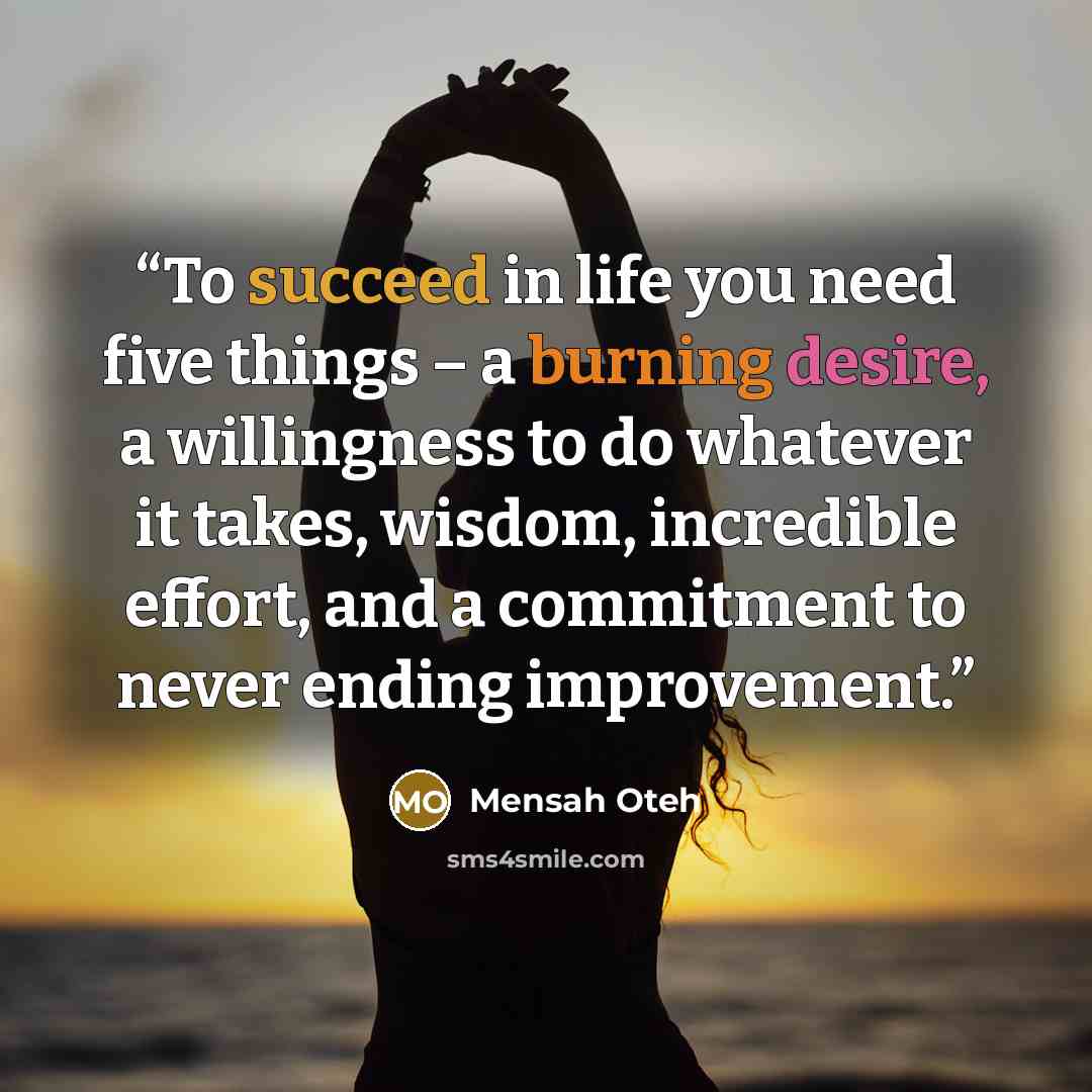 “To succeed in life you need five things – a burning desire, a willingness to do whatever it takes, wisdom, incredible effort, and a commitment to never ending improvement.” quote by Mensah Oteh