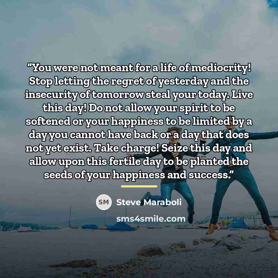 “You were not meant for a life of mediocrity! Stop letting the regret of yesterday and the insecurity of tomorrow steal your today. Live this day! Do not allow your spirit to be softened or your happiness to be limited by a day you cannot have back or a day that does not yet exist. Take charge!…” quote by Steve Maraboli