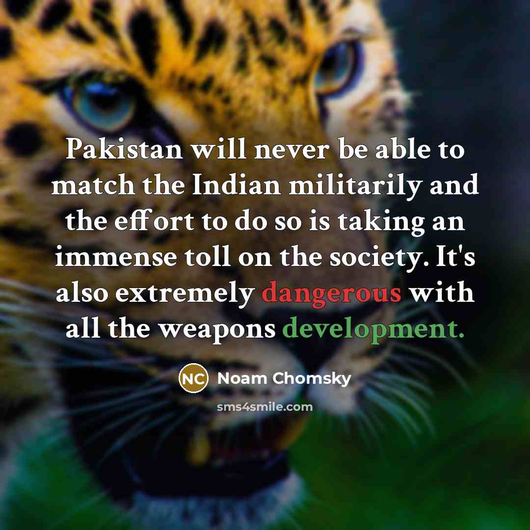“Pakistan will never be able to match the Indian militarily and the effort to do so is taking an immense toll on the society. It's also extremely dangerous with all the weapons development.” quote by Noam Chomsky