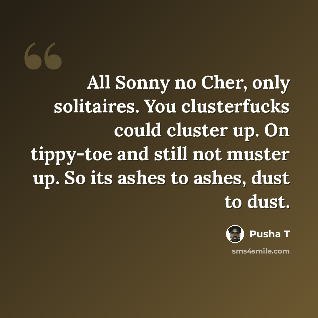 “All Sonny no Cher, only solitaires. You clusterfucks could cluster up. On tippy-toe and still not muster up. So its ashes to ashes, dust to dust.” quote by Pusha T