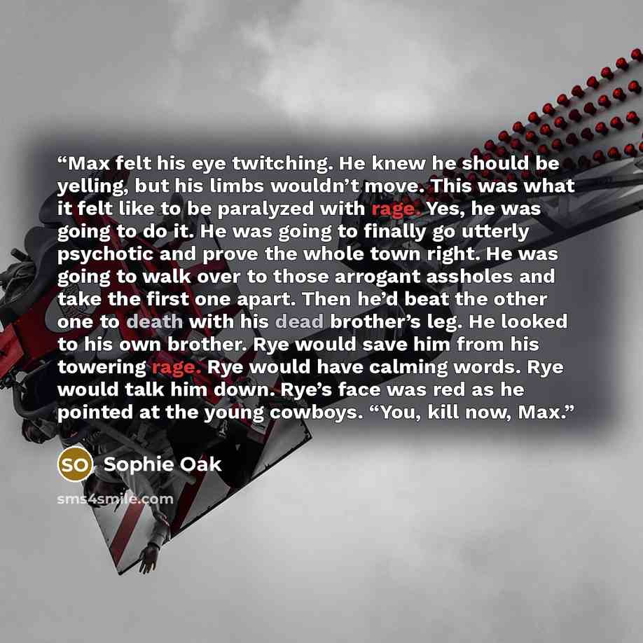 “Max felt his eye twitching. He knew he should be yelling, but his limbs wouldn’t move. This was what it felt like to be paralyzed with rage. Yes, he was going to do it. He was going to finally go utterly psychotic and prove the whole town right. He was going to walk over to those arrogant assholes…” quote by Sophie Oak