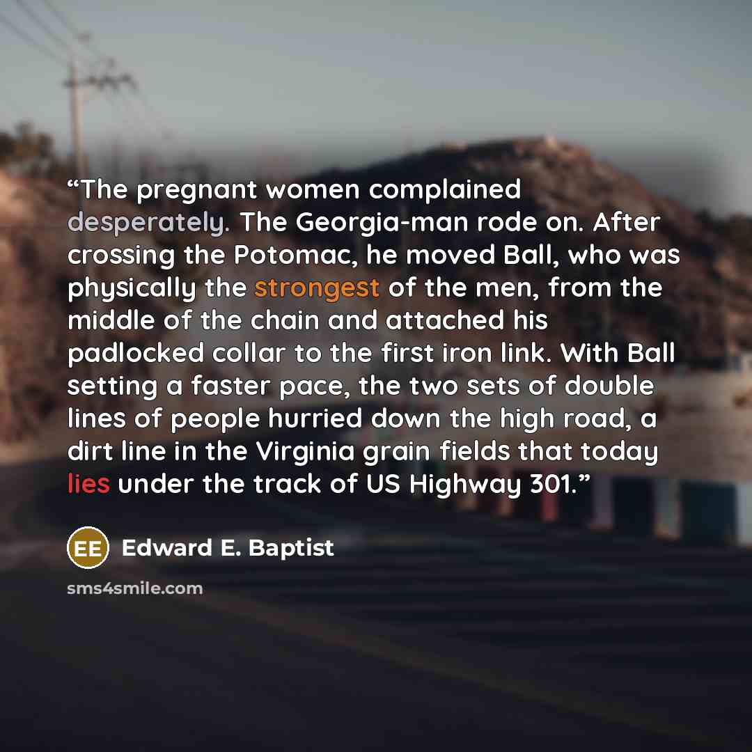 “The pregnant women complained desperately. The Georgia-man rode on. After crossing the Potomac, he moved Ball, who was physically the strongest of the men, from the middle of the chain and attached his padlocked collar to the first iron link. With Ball setting a faster pace, the two sets of double…” quote by Edward E. Baptist