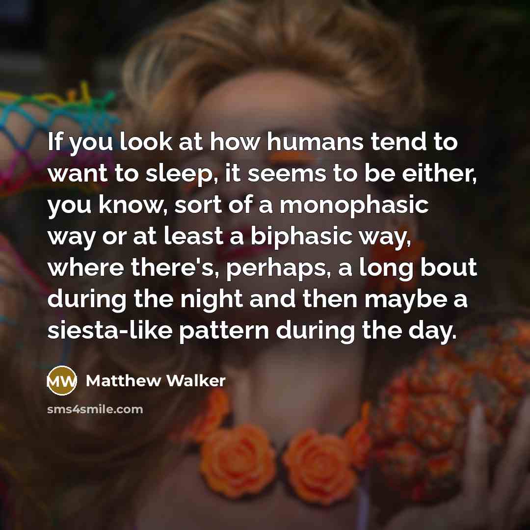 “If you look at how humans tend to want to sleep, it seems to be either, you know, sort of a monophasic way or at least a biphasic way, where there's, perhaps, a long bout during the night and then maybe a siesta-like pattern during the day.” quote by Matthew Walker