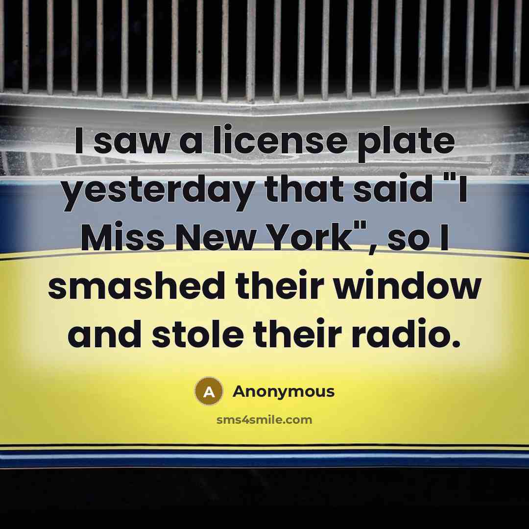 “I saw a license plate yesterday that said "I Miss New York", so I smashed their window and stole their radio.” quote by Anonymous
