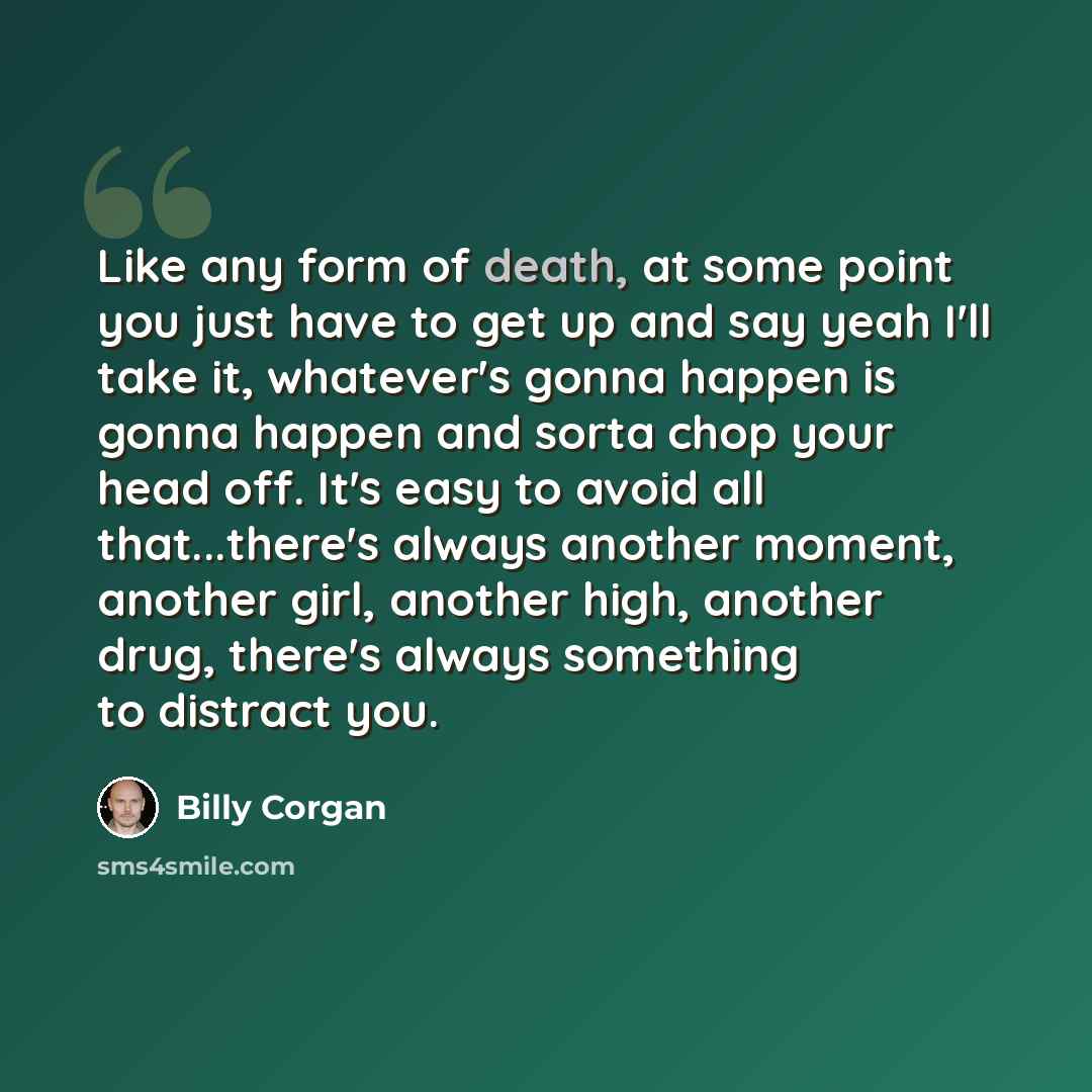 “Like any form of death, at some point you just have to get up and say yeah I'll take it, whatever's gonna happen is gonna happen and sorta chop your head off. It's easy to avoid all that...there's always another moment, another girl, another high, another drug, there's always something to distract…” quote by Billy Corgan