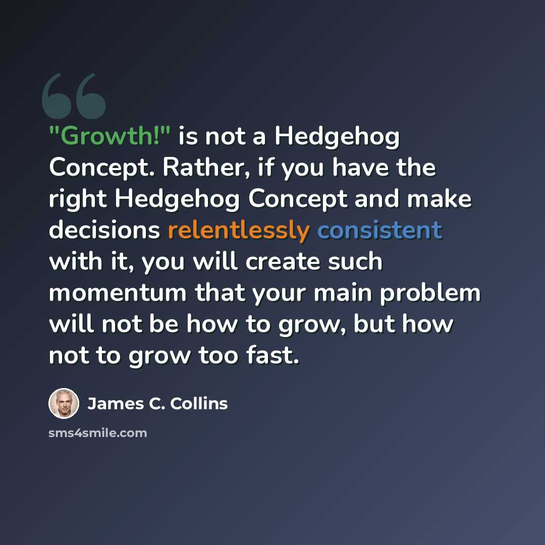 “"Growth!" is not a Hedgehog Concept. Rather, if you have the right Hedgehog Concept and make decisions relentlessly consistent with it, you will create such momentum that your main problem will not be how to grow, but how not to grow too fast.” quote by James C. Collins