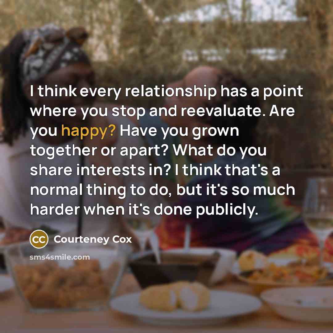 “I think every relationship has a point where you stop and reevaluate. Are you happy? Have you grown together or apart? What do you share interests in? I think that's a normal thing to do, but it's so much harder when it's done publicly.” quote by Courteney Cox