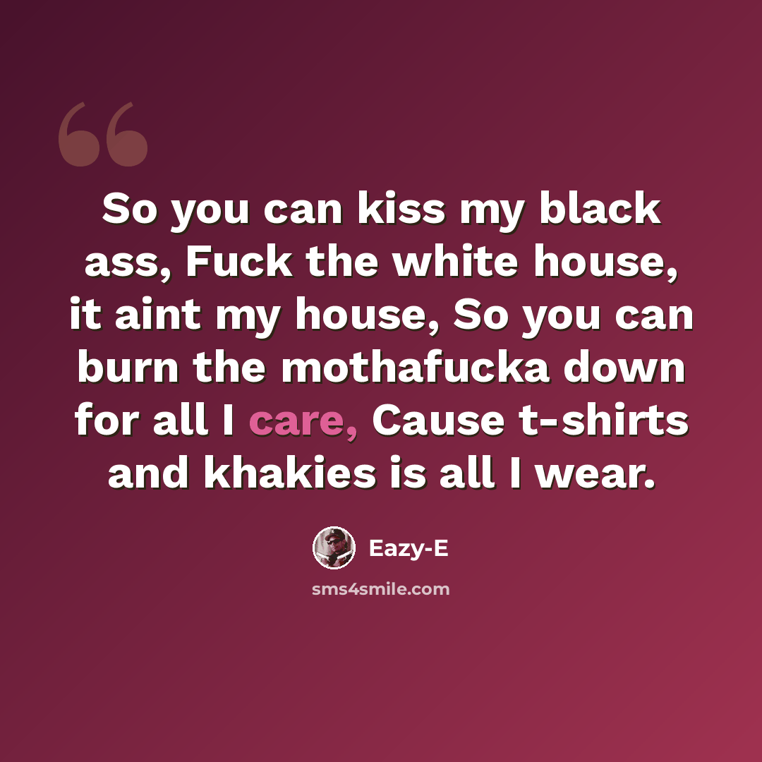 “So you can kiss my black ass, Fuck the white house, it aint my house, So you can burn the mothafucka down for all I care, Cause t-shirts and khakies is all I wear.” quote by Eazy-E