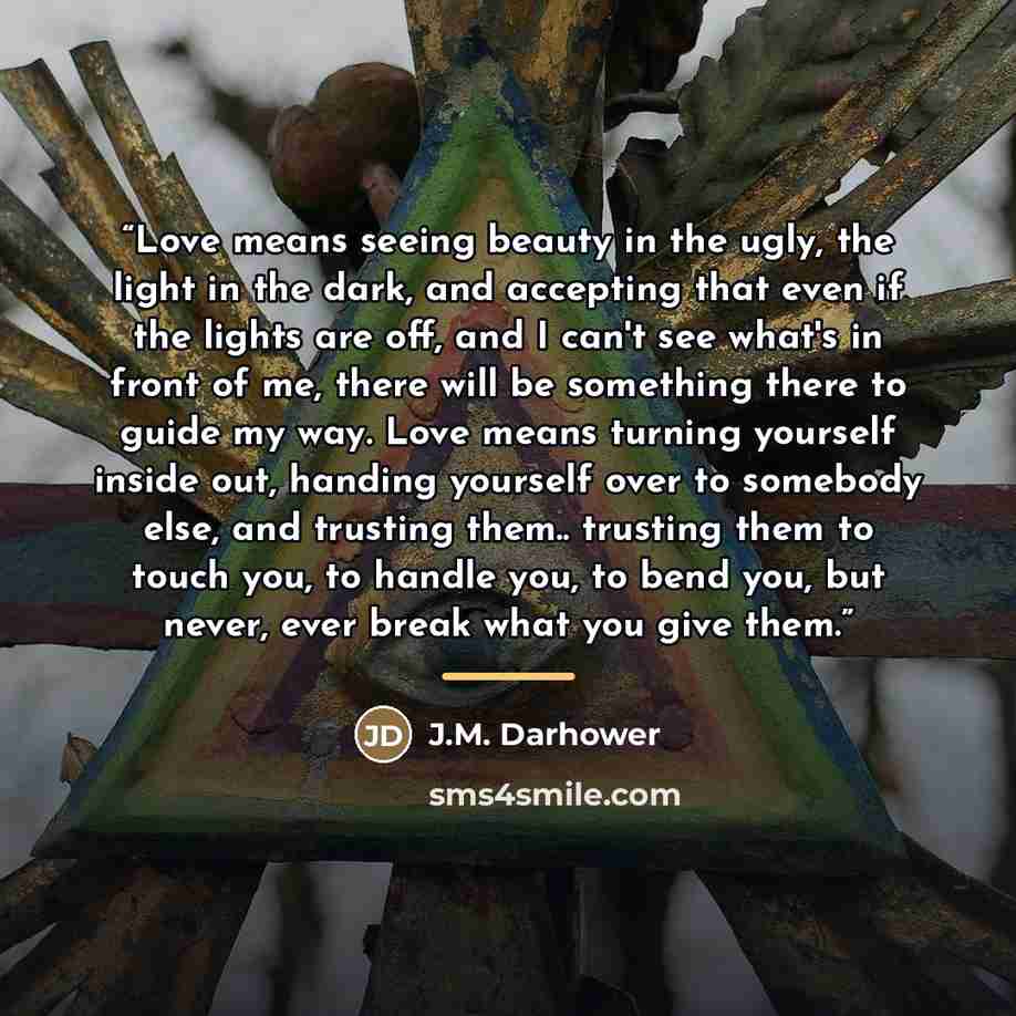 “Love means seeing beauty in the ugly, the light in the dark, and accepting that even if the lights are off, and I can't see what's in front of me, there will be something there to guide my way. Love means turning yourself inside out, handing yourself over to somebody else, and trusting them…” quote by J.M. Darhower