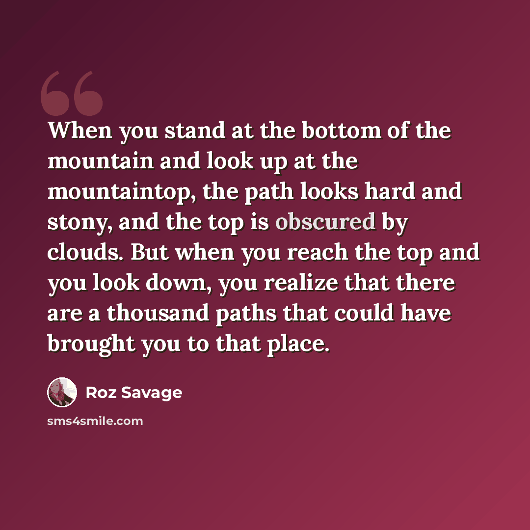 “When you stand at the bottom of the mountain and look up at the mountaintop, the path looks hard and stony, and the top is obscured by clouds. But when you reach the top and you look down, you realize that there are a thousand paths that could have brought you to that place.” quote by Roz Savage
