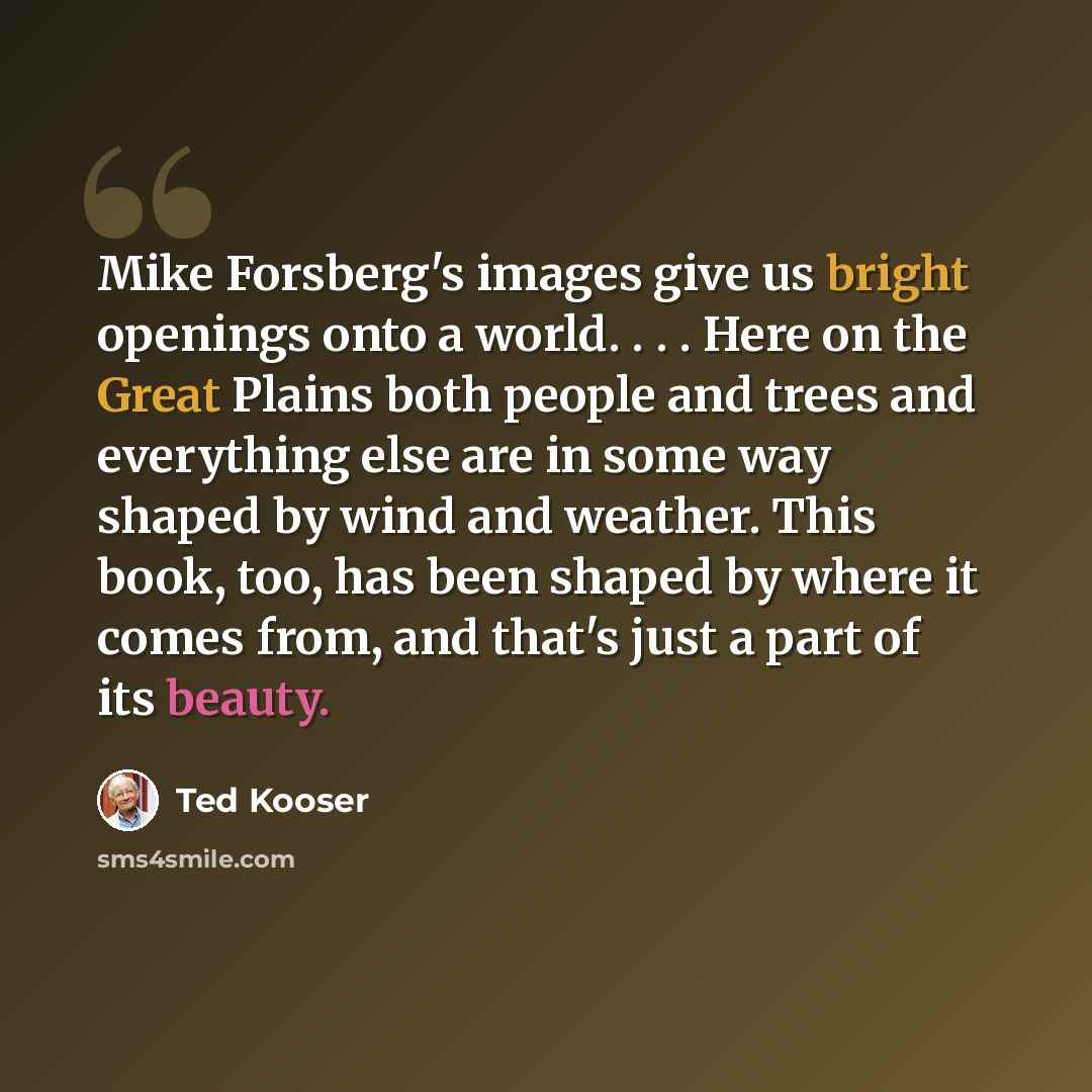 “Mike Forsberg's images give us bright openings onto a world. . . . Here on the Great Plains both people and trees and everything else are in some way shaped by wind and weather. This book, too, has been shaped by where it comes from, and that's just a part of its beauty.” quote by Ted Kooser