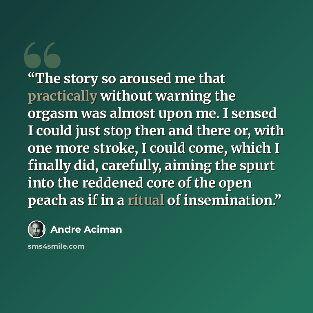 “The story so aroused me that practically without warning the orgasm was almost upon me. I sensed I could just stop then and there or, with one more stroke, I could come, which I finally did, carefully, aiming the spurt into the reddened core of the open peach as if in a ritual of insemination.” quote by André Aciman