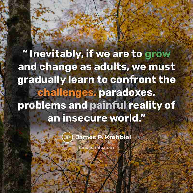 “Inevitably, if we are to grow and change as adults, we must gradually learn to confront the challenges, paradoxes, problems and painful reality of an insecure world.” quote by James P. Krehbiel