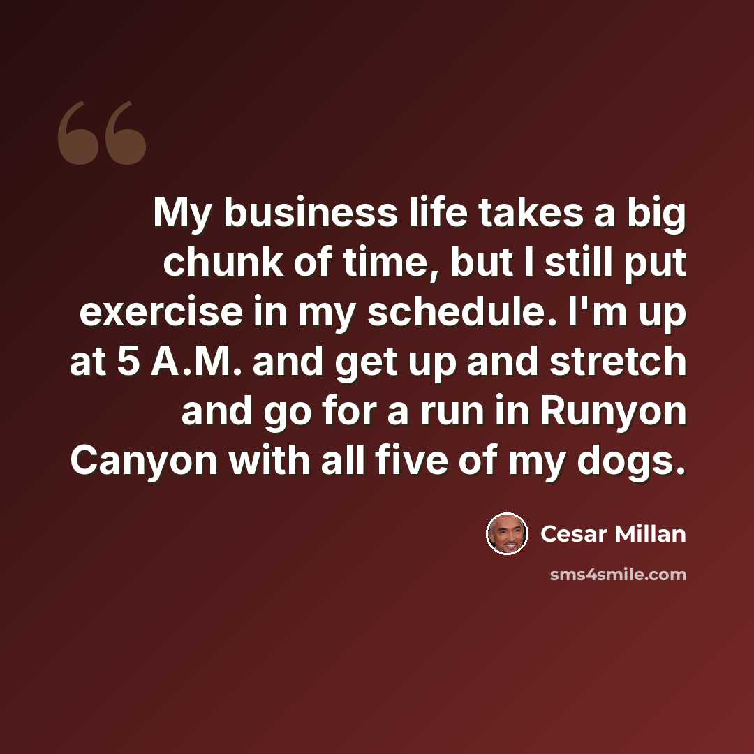 “My business life takes a big chunk of time, but I still put exercise in my schedule. I'm up at 5 A.M. and get up and stretch and go for a run in Runyon Canyon with all five of my dogs.” quote by Cesar Millan