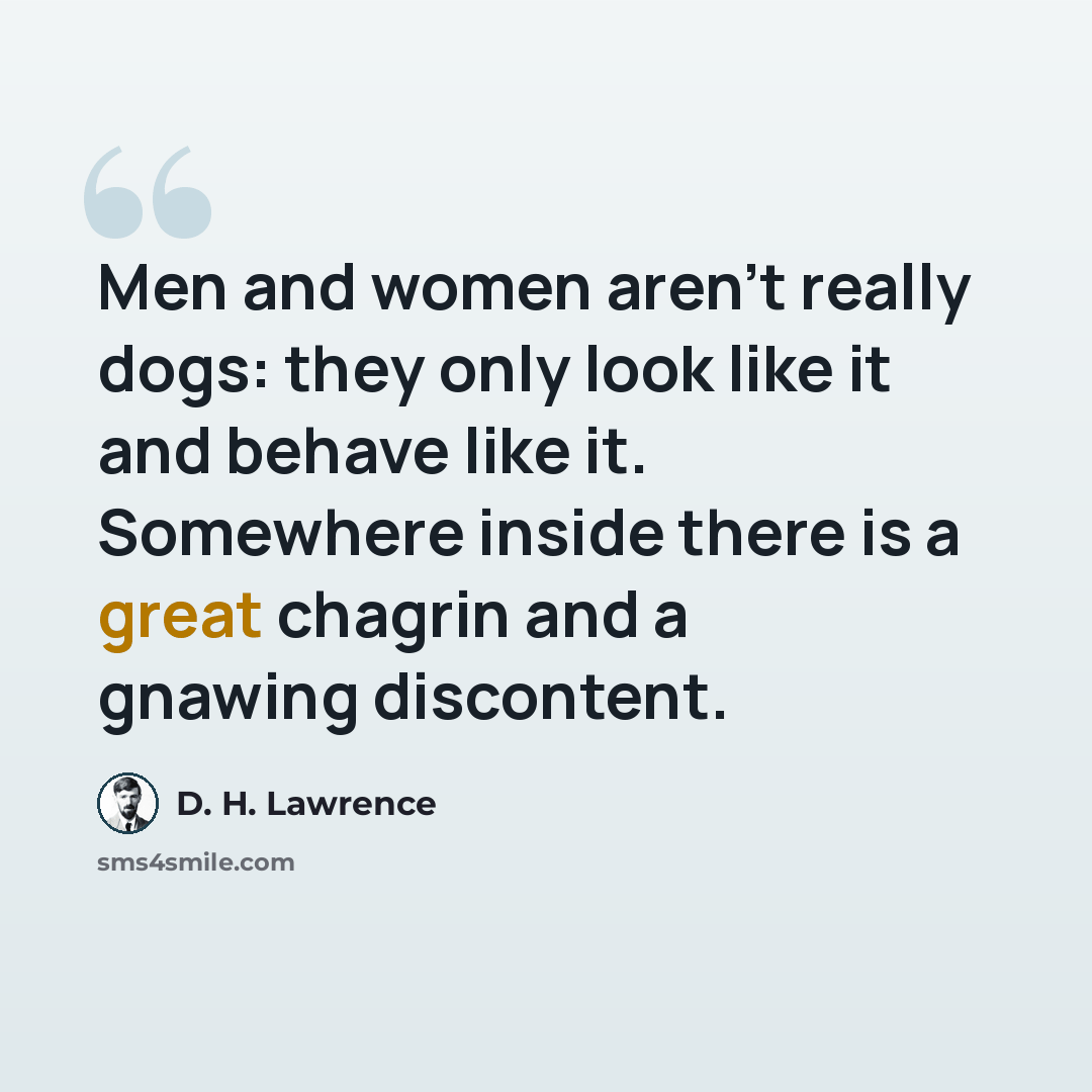 “Men and women aren't really dogs: they only look like it and behave like it. Somewhere inside there is a great chagrin and a gnawing discontent.” quote by D. H. Lawrence