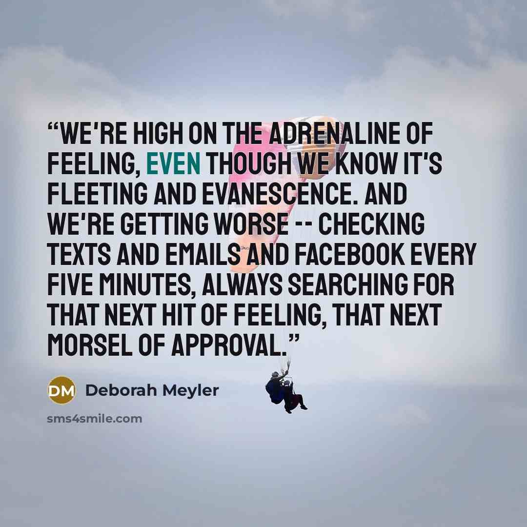 “We're high on the adrenaline of feeling, even though we know it's fleeting and evanescence. And we're getting worse -- checking texts and emails and Facebook every five minutes, always searching for that next hit of feeling, that next morsel of approval.” quote by Deborah Meyler