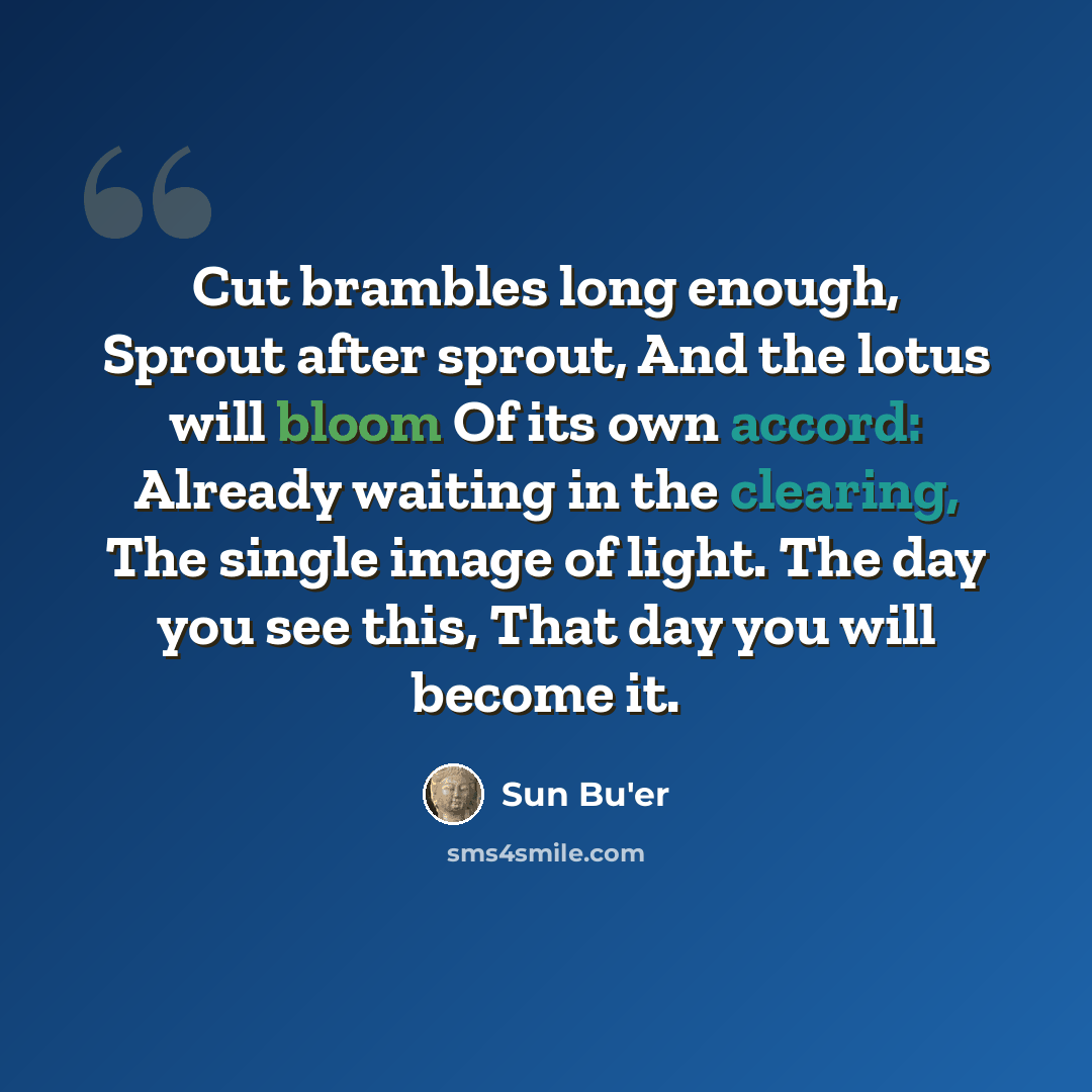 “Cut brambles long enough, Sprout after sprout, And the lotus will bloom Of its own accord: Already waiting in the clearing, The single image of light. The day you see this, That day you will become it.” quote by Sun Bu'er
