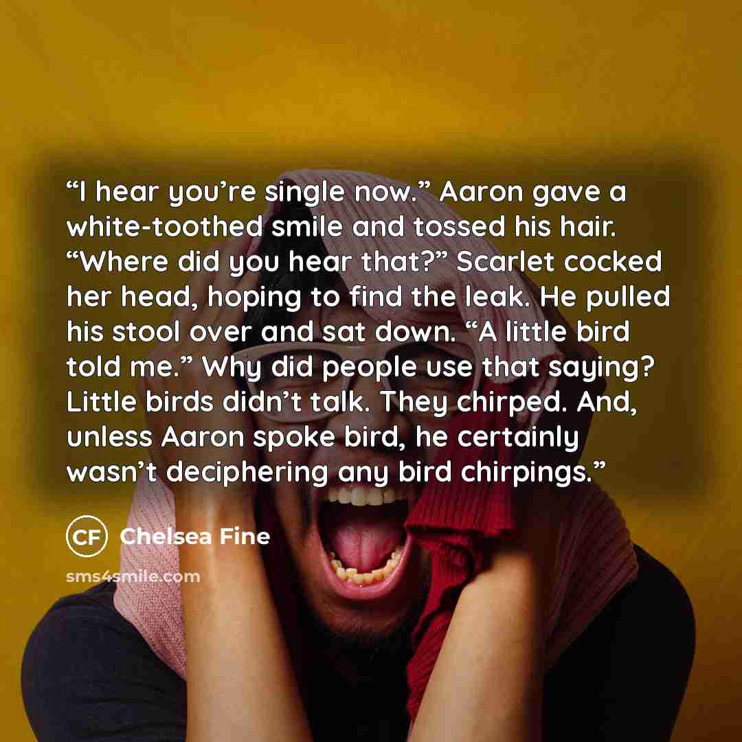 “I hear you’re single now.” Aaron gave a white-toothed smile and tossed his hair. “Where did you hear that?” Scarlet cocked her head, hoping to find the leak. He pulled his stool over and sat down. “A little bird told me.” Why did people use that saying? Little birds didn’t talk. They chirped. And…” quote by Chelsea Fine