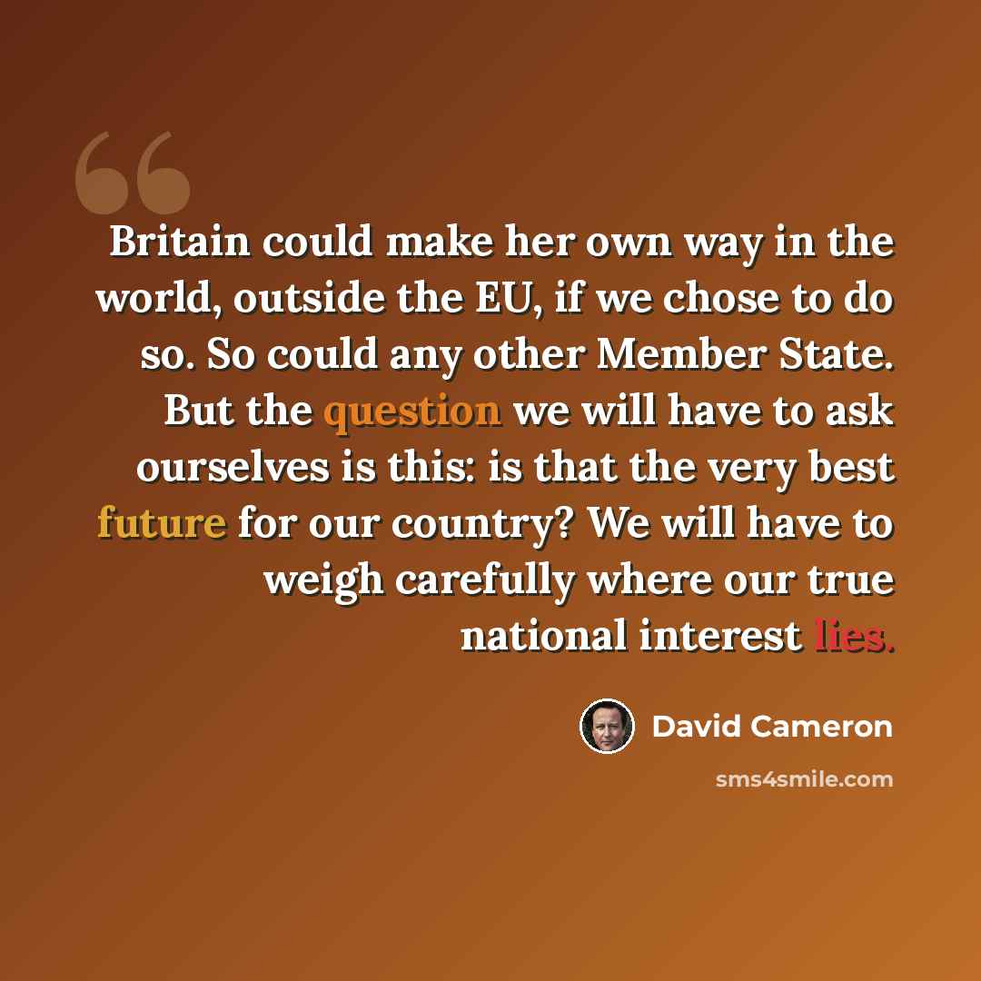 “Britain could make her own way in the world, outside the EU, if we chose to do so. So could any other Member State. But the question we will have to ask ourselves is this: is that the very best future for our country? We will have to weigh carefully where our true national interest lies.” quote by David Cameron