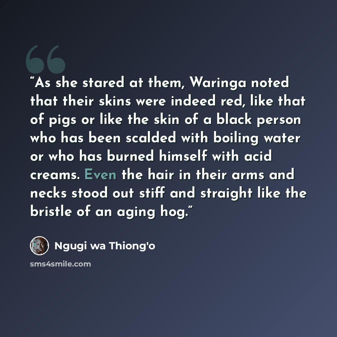 “As she stared at them, Waringa noted that their skins were indeed red, like that of pigs or like the skin of a black person who has been scalded with boiling water or who has burned himself with acid creams. Even the hair in their arms and necks stood out stiff and straight like the bristle of an…” quote by Ngũgĩ wa Thiong'o